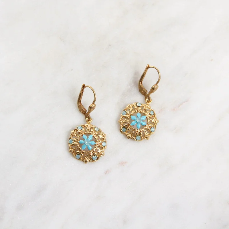 Turquoise Enamel Flower & Filigree Drop Earring