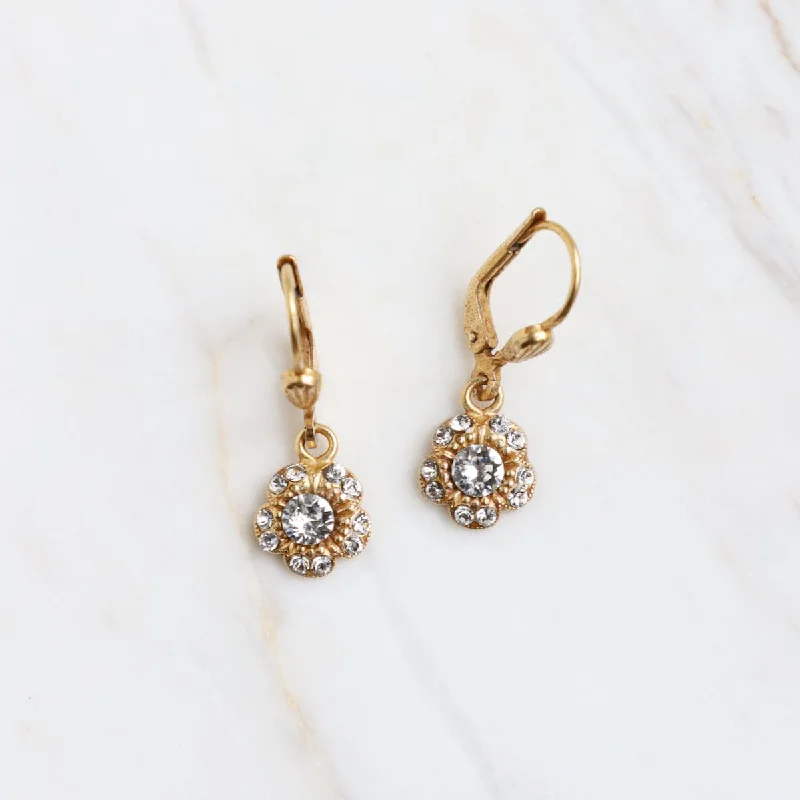 Tiny Flower Drop Earring with Clear Crystals - Gol