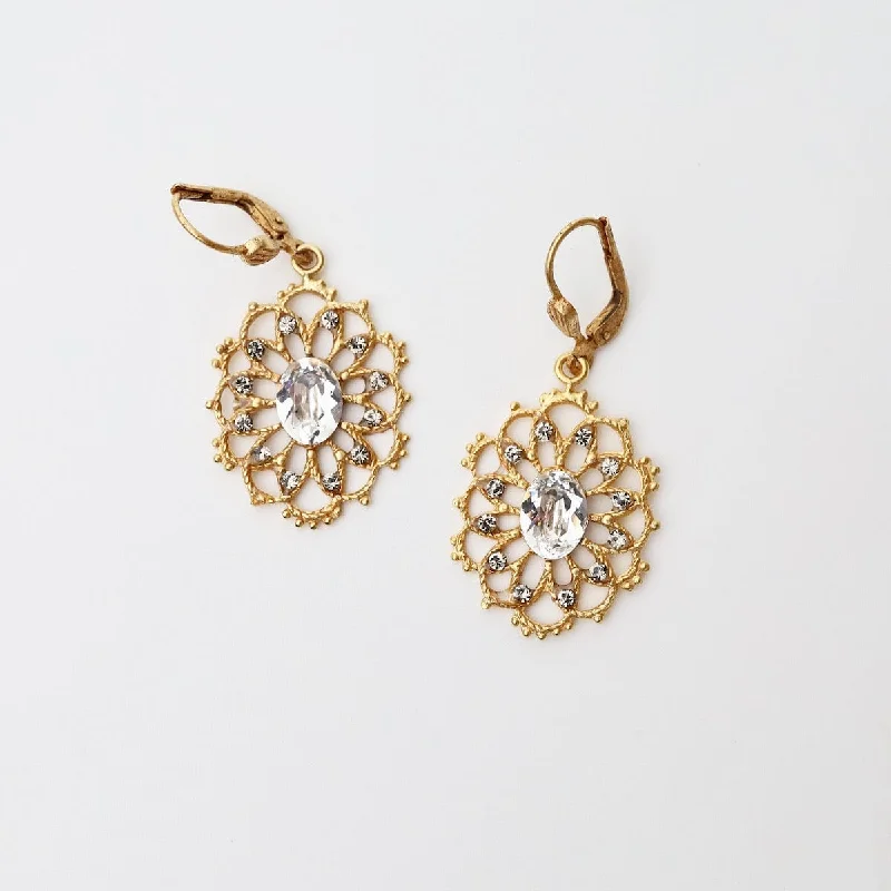 Crystal Oval Filigree Earrings - Gold Plate