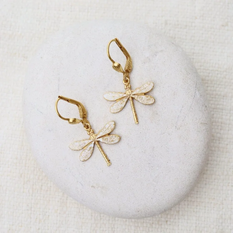 White Enamel Dragonfly Earrings - Gold Plate