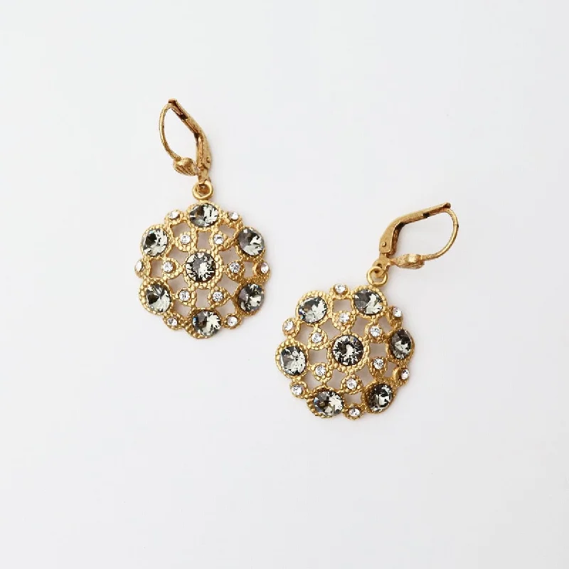 Black Diamond Round Earrings - Gold Plate