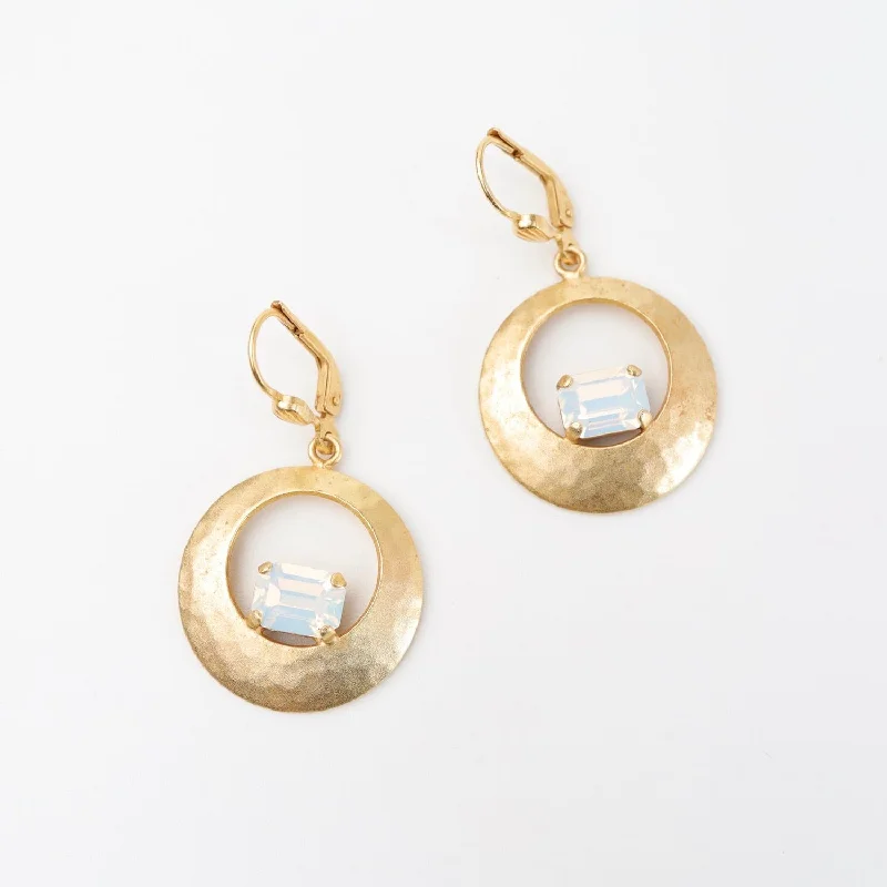 Hammered Disc with White Opal Crystal Earring