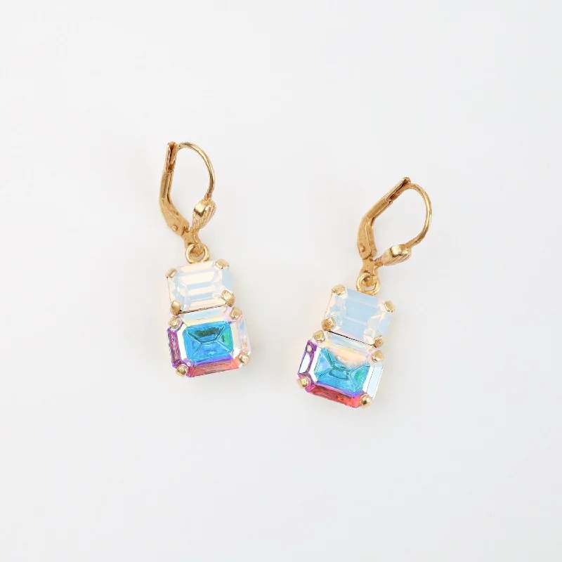 Double Crystal Drop White Opal & Aurora Borealis Earring