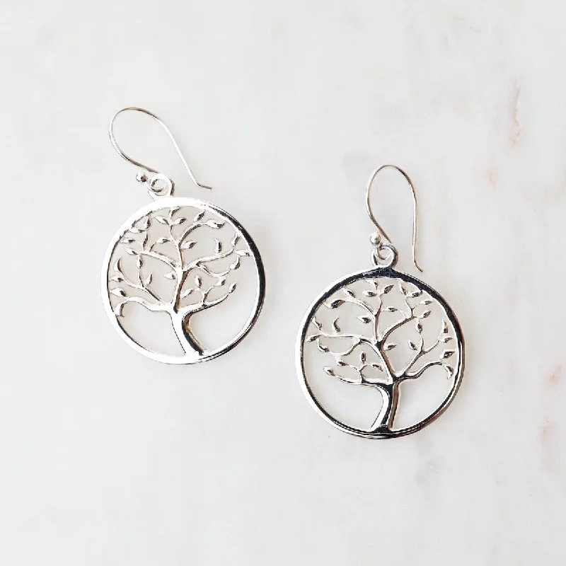 Sterling Silver Cut Out Tree in Circle Earrings