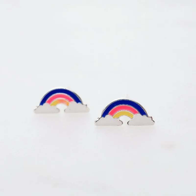 Enamel Rainbow in Clouds Post Earrings - Blue, Hot Pink, & Yellow