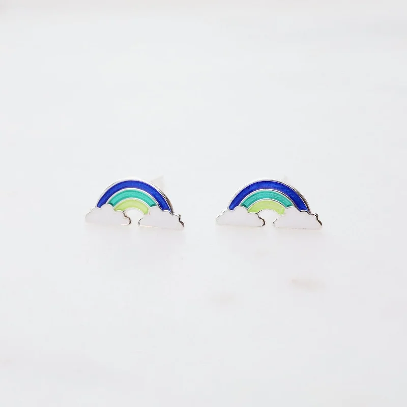 Enamel Rainbow in Clouds Post Earrings - Blue, Teal, & Yellow