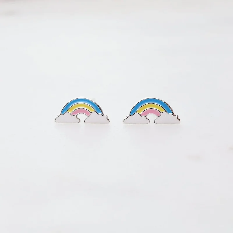 Enamel Rainbow in Clouds Post Earrings - Blue, Yellow, & Pink