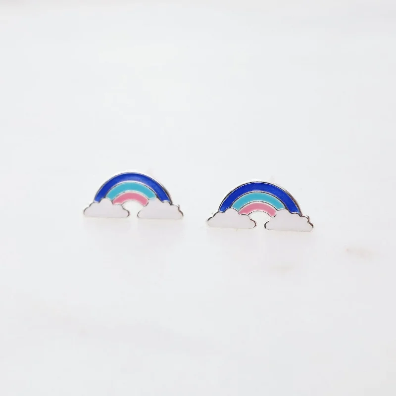 Enamel Rainbow in Clouds Post Earrings - Blue, Light Blue, & Pink