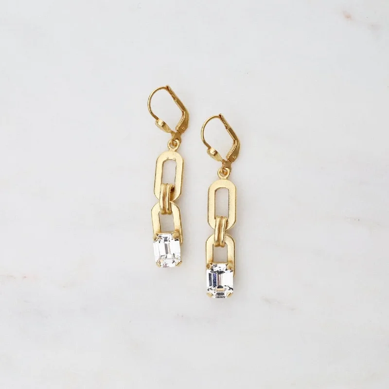 Chain Link & Clear Crystal Earrings - Gold Plate