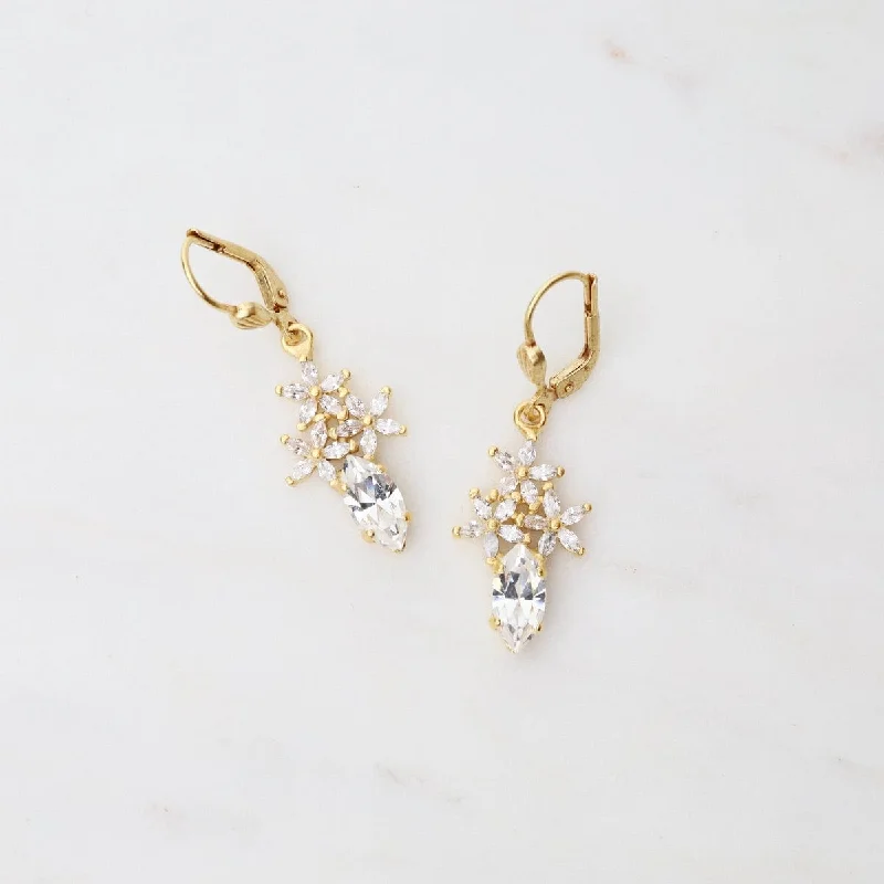 Rhinestone Flower and Clear Crystal Earrings - Gold Plate