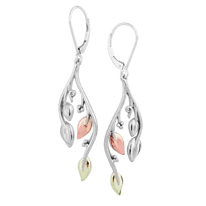 Curvy Leaf Vine Dangle Earrings, Sterling Silver, 10k Green and Rose Gold