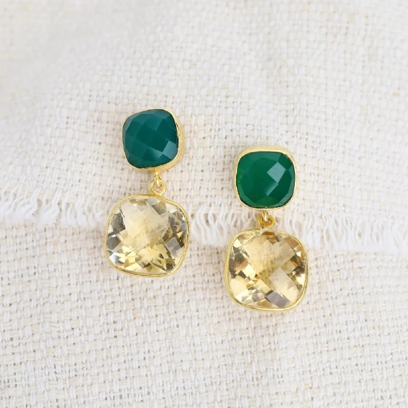 Square Citrine & Green Onyx Earring