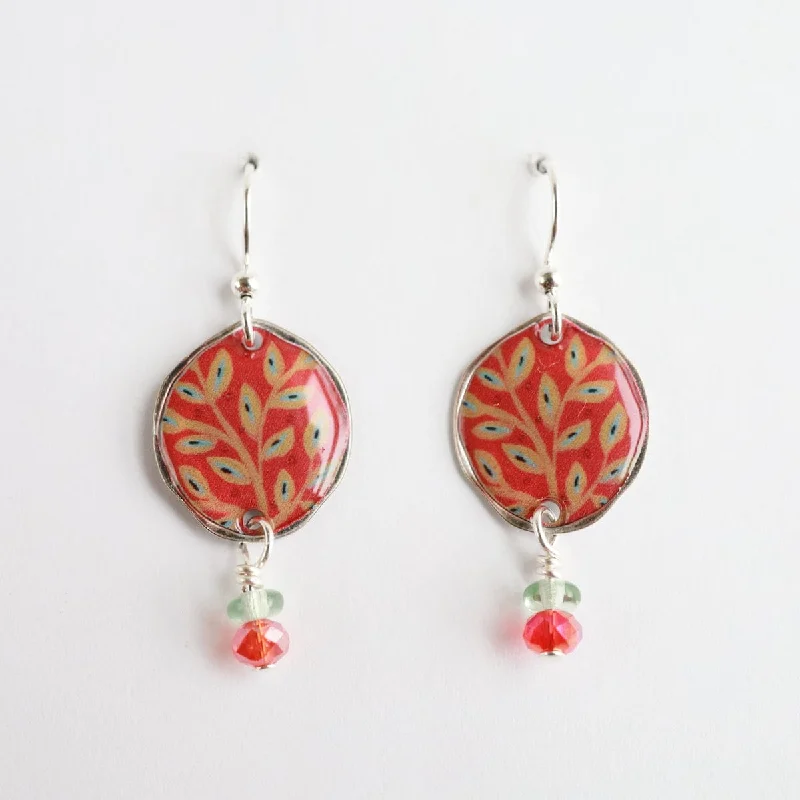 Round Leaf Pattern with Tangerine Background & Bead Earring