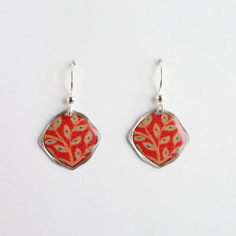 Square Leaf pattern with Tangerine Background Earring