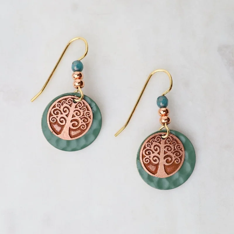 Small Tree of Life on Green Disc Earrings