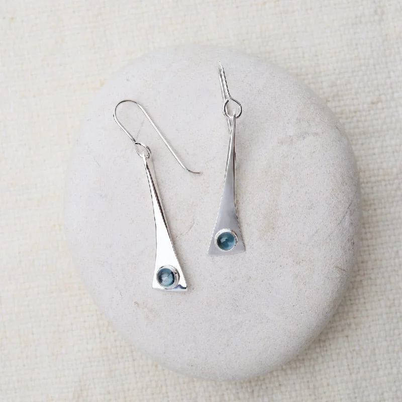 Elongated Triangle Earrings with Blue Topaz Cabochon