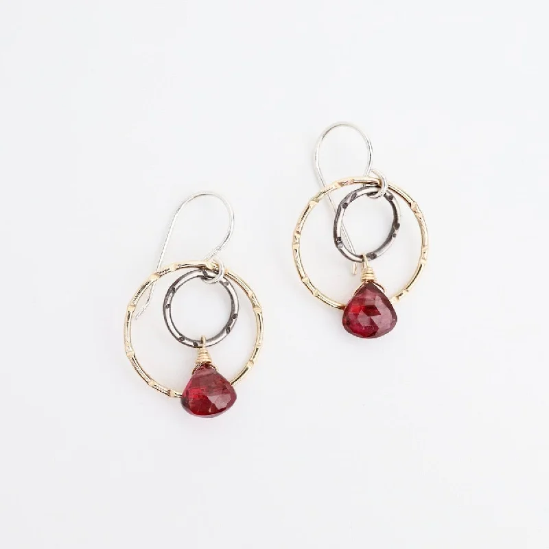 Two Tone Circles with Garnet Earrings