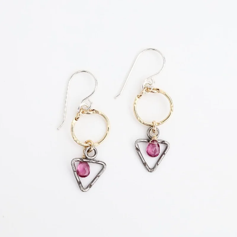 Two Tone Triangle and Circle with Garnet Earring