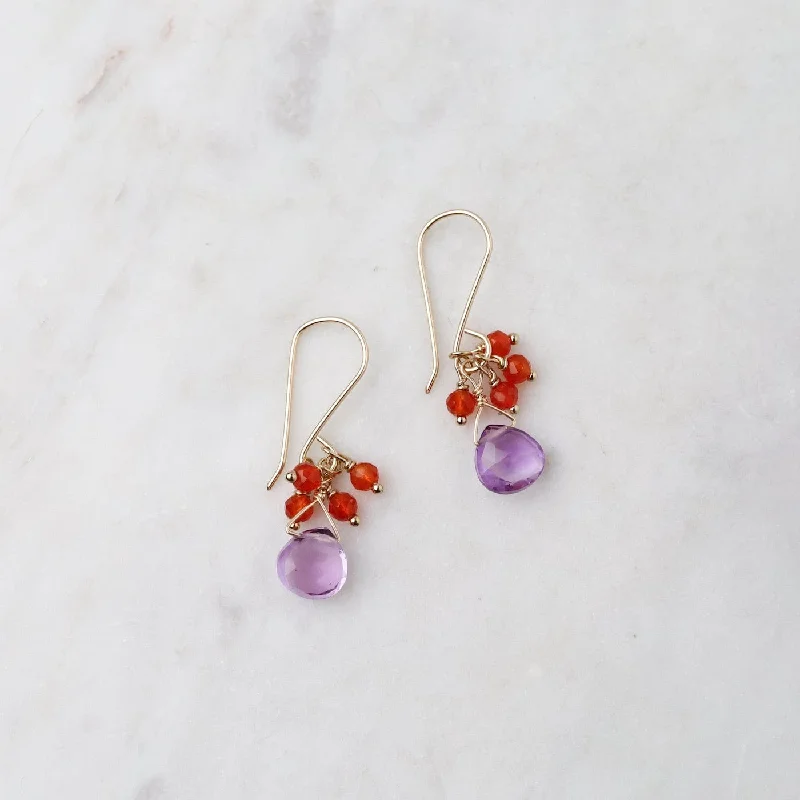 Amethyst Drop with Carnelion Cluster Earring