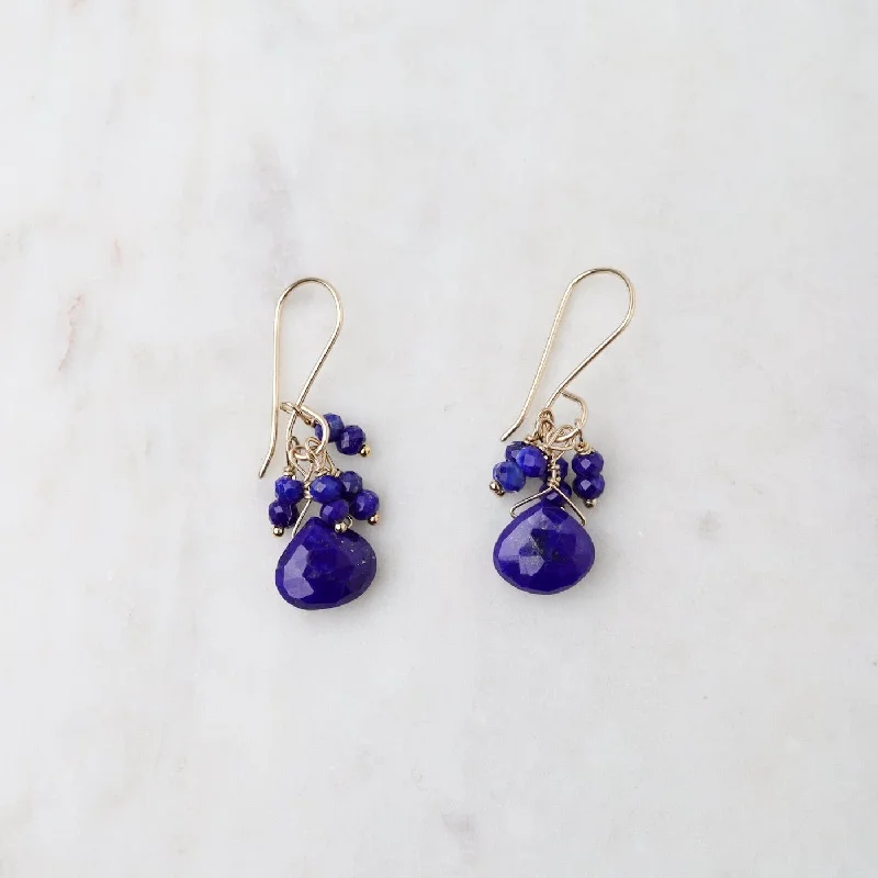 Lapis Briolette & Lapis Cluster Gold Fill Earrings