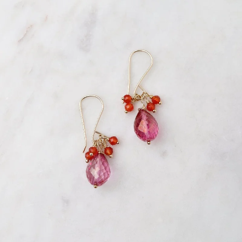 Pink Topaz Drop with Carnelion Cluster Earring