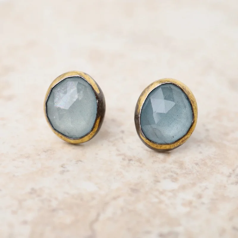 Large Crescent Rim Post Earrings with Aquamarine