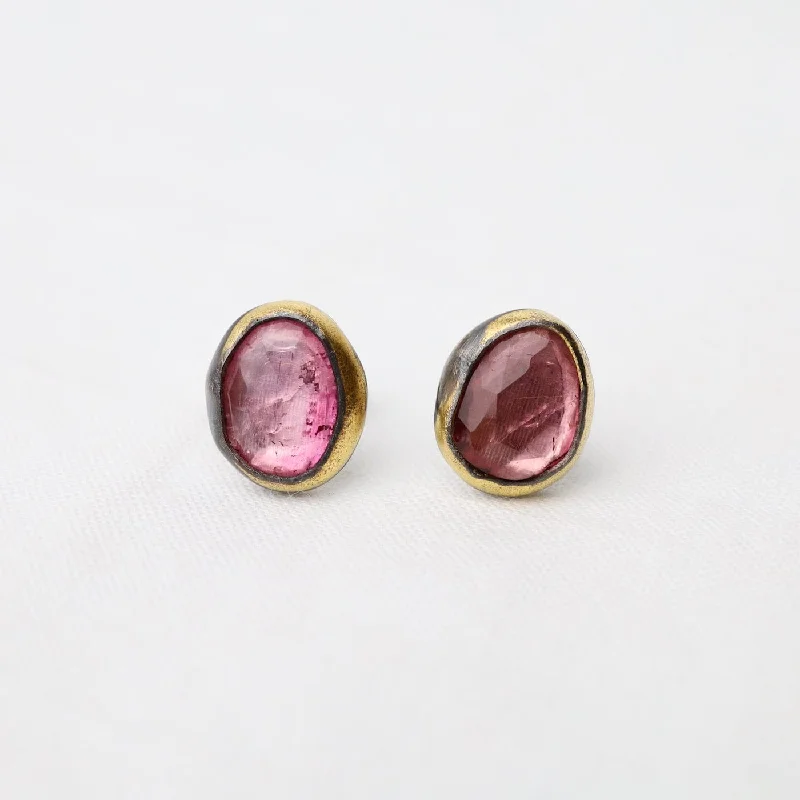 Medium Crescent Rim Post Earrings with Pink Tourmaline