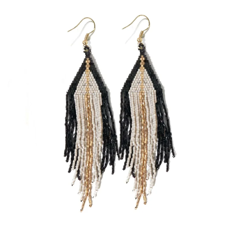 Jane Triangle with Gold Stripe Beaded Fringe Earrings