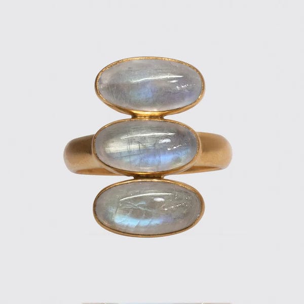 Triple Rainbow Moonstone Glowing Oval Cabochon Ring