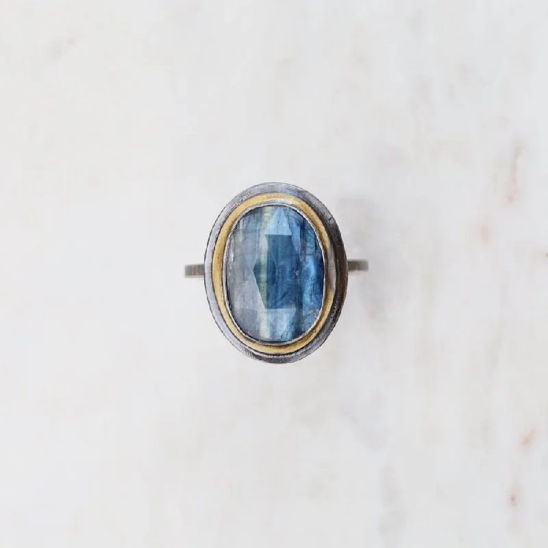 Bi-colored Blue Kyanite Medium Oval Crescent Rim Ring