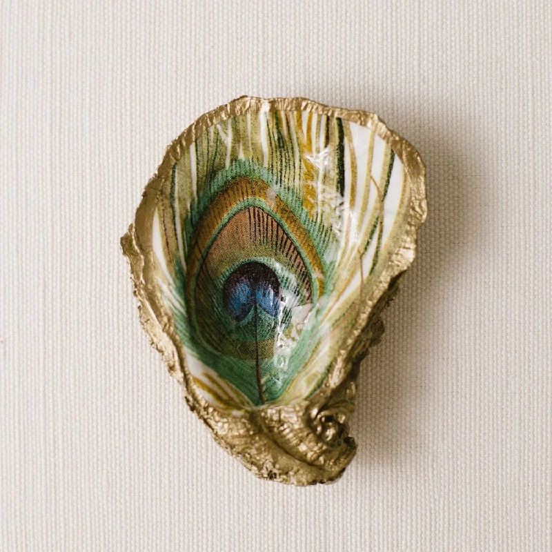 Decoupage Oyster Ring Dish - Peacock Feather