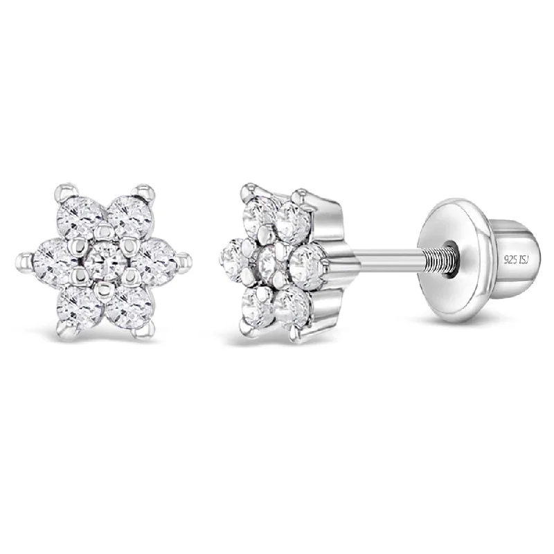 CZ Cluster Flower Earrings - Screw Back