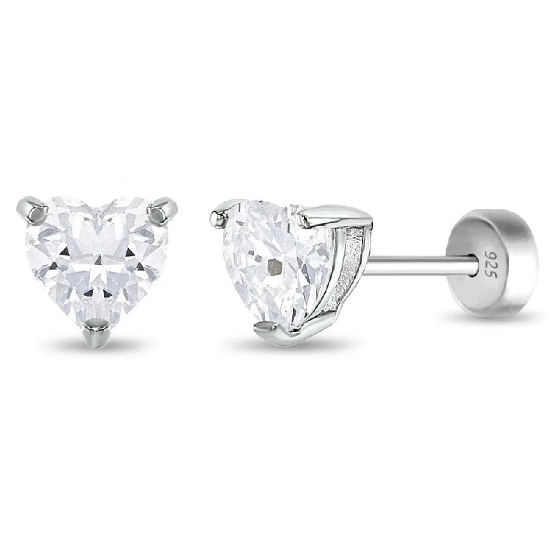 Clear CZ Heart Solitaire Children Earrings - Screw Back